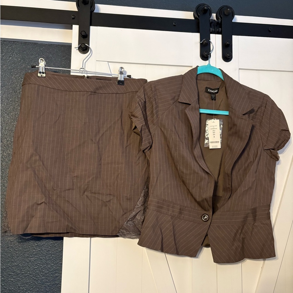 Vintage Y2K Bebe Brown Pinstripe Jacket and pencil skirt